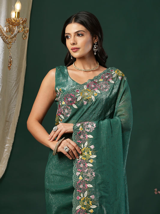 Dark Green Embroidered Tissue Silk Saree