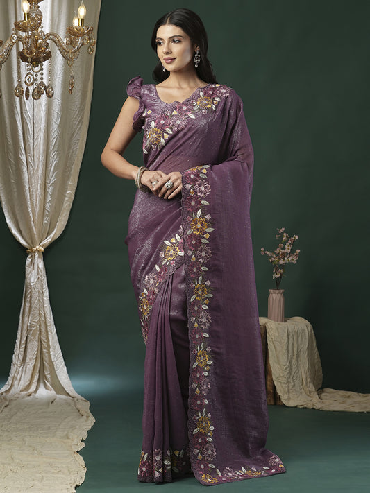 Mauve Georgette Multi-Color Embroidery Saree