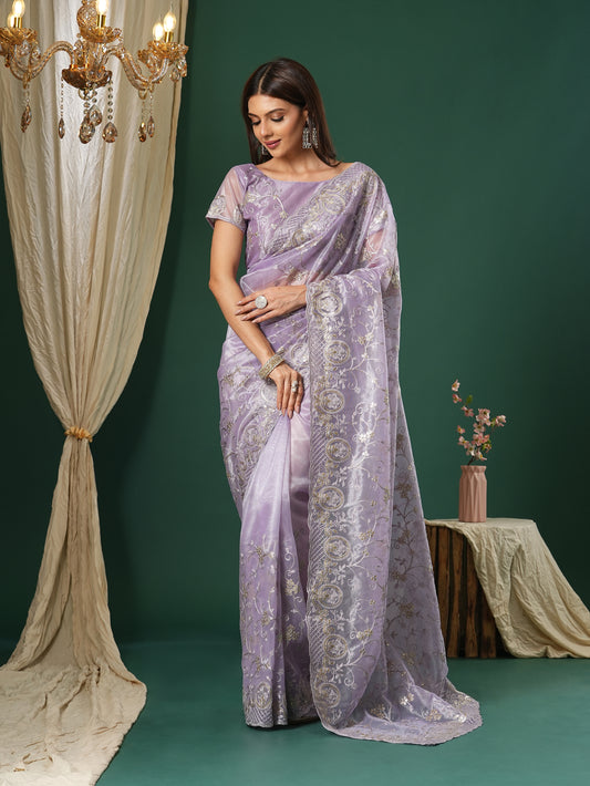 Lavender Organza Embroidered Saree with Blouse