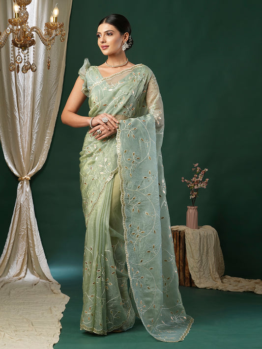 Metallic Sea Green Tissue Embroidered Saree