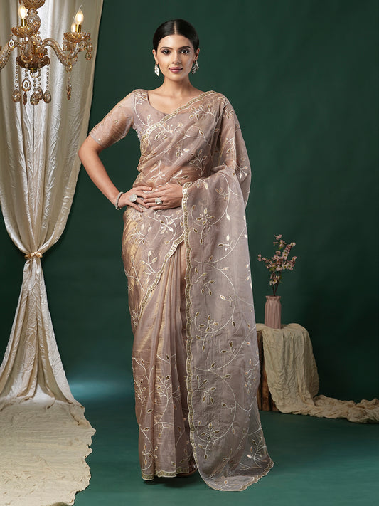 Metalic Grey Tissue Modern Saree