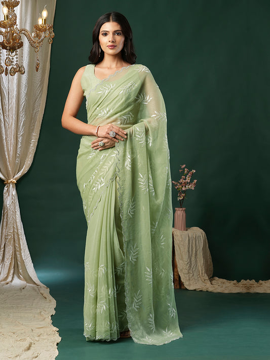 Pistachio Green Georgette Sequin Leaf Embroidery Scalloped Border  Blouse Saree