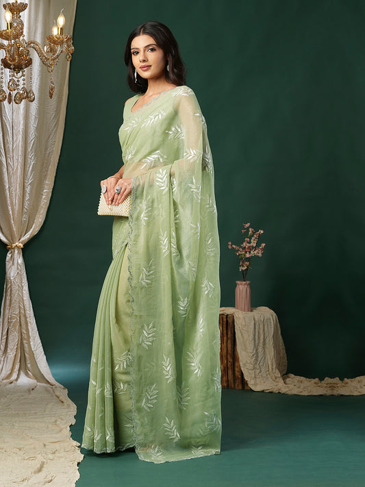 Pistachio Green Georgette Sequin Leaf Embroidery Scalloped Border  Blouse Saree