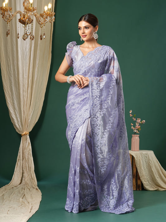 Lilac Lux Supernet Zari Work Saree
