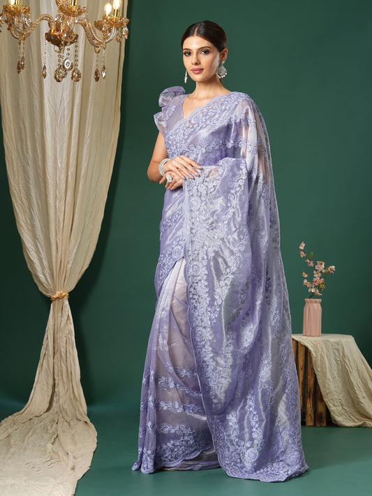 Lilac Lux Supernet Zari Work Saree