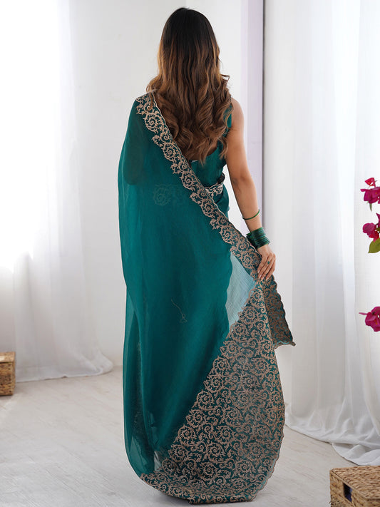 Green Polyester Embroidery Scalloped Border Saree
