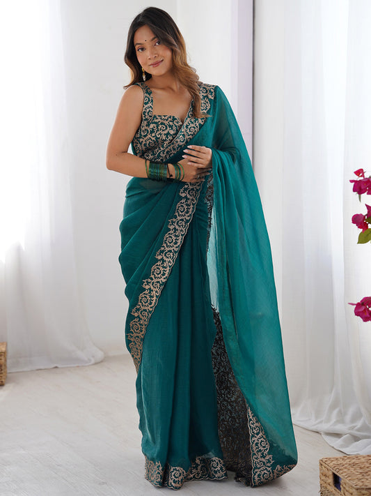 Green Polyester Embroidery Scalloped Border Saree
