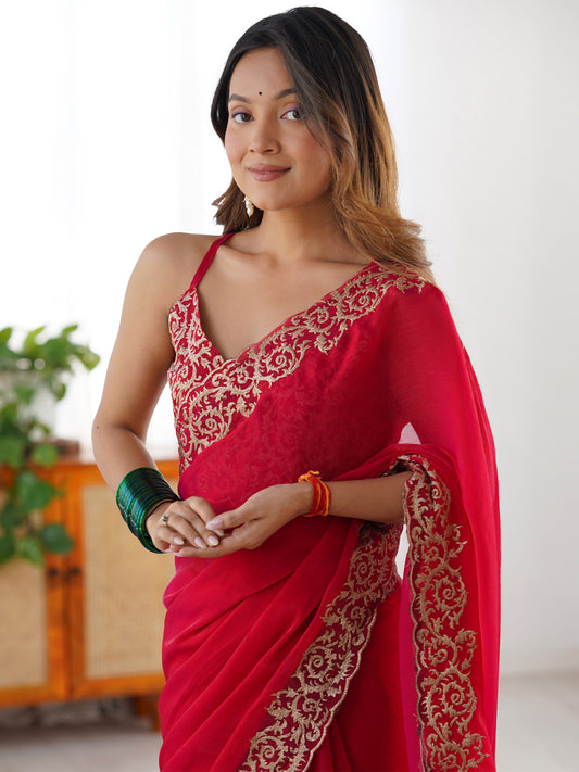 Hot Pink Georgette Embroidered Border Saree