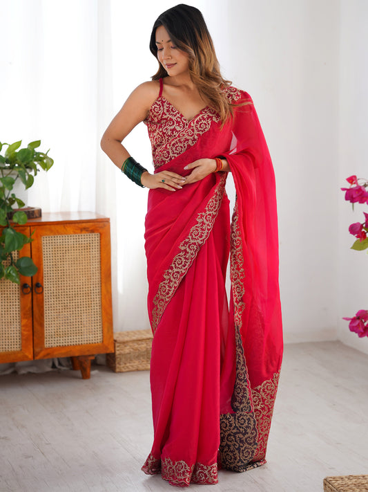 Hot Pink Georgette Embroidered Border Saree