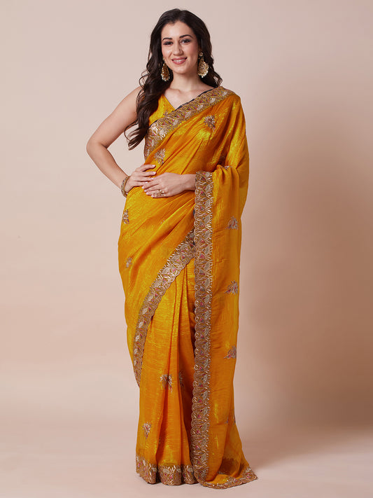 Mustard Yellow Polyester Embroidered Saree