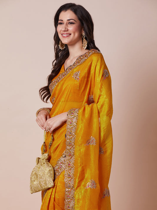 Mustard Yellow Polyester Embroidered Saree