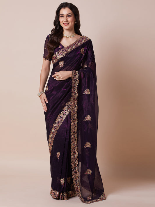 Wine Polyester Zari Embroidery Sequin Work Saree