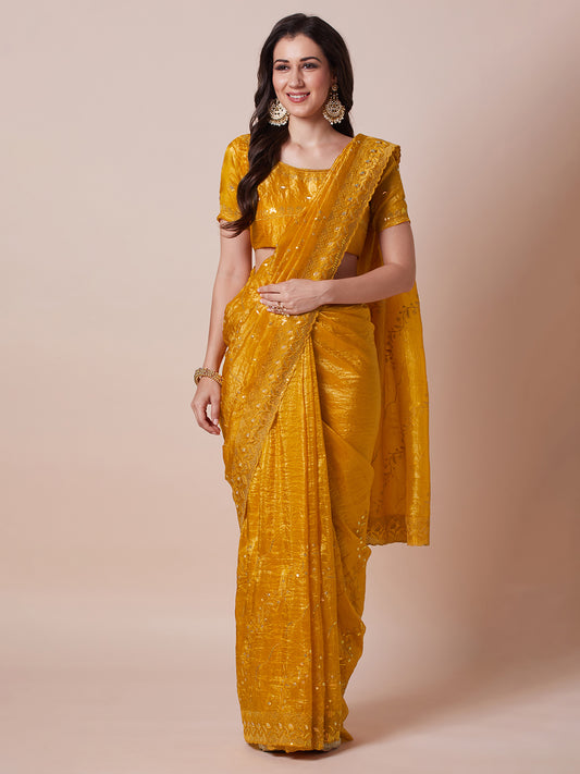 Yellow Polyester Embroidered Border Saree