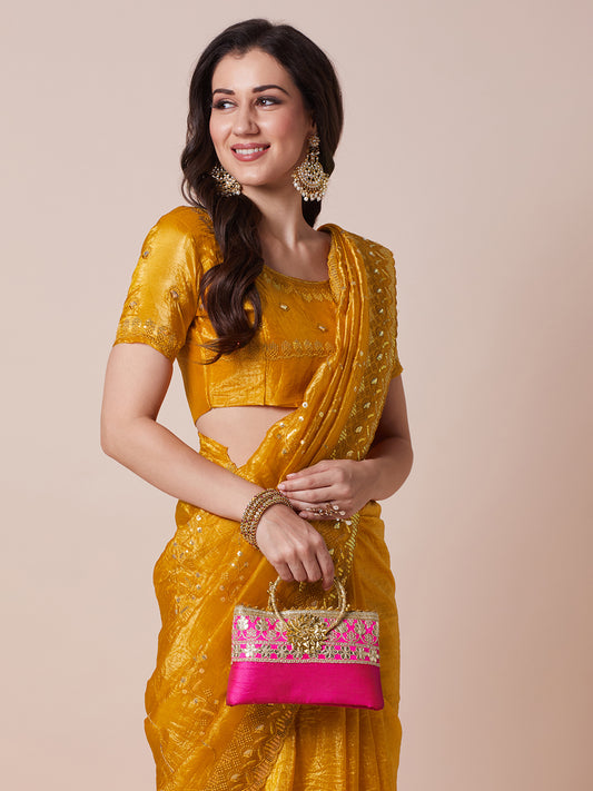 Yellow Polyester Embroidered Border Saree