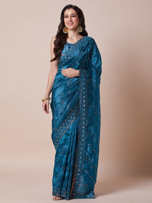 Teal Blue Paper Silk Sequin Embroidered Saree