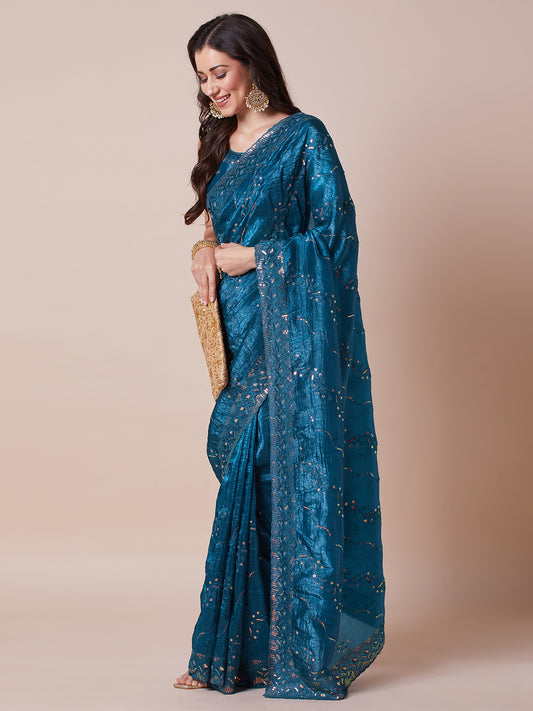 Teal Blue Paper Silk Sequin Embroidered Saree