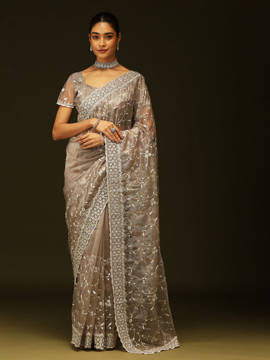 Grey Organza Embroidered Saree with Blouse