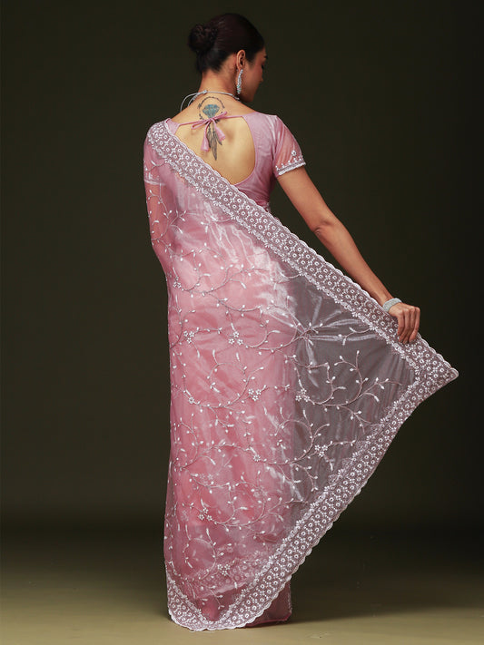 Lavender Pink Organza Sequin &amp; Cut-dana Work Scalloped Border  Blouse Saree
