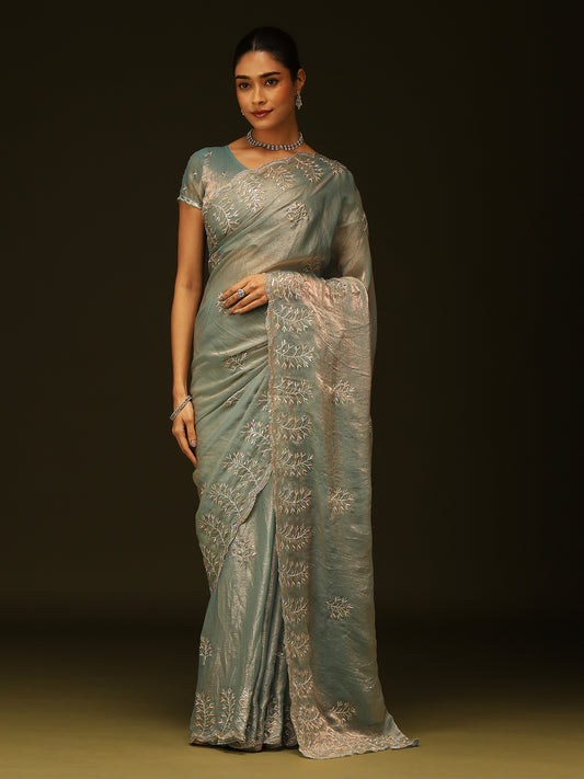 Dusty Blue Tissue Silk Saree with Gold Zari Embroidery