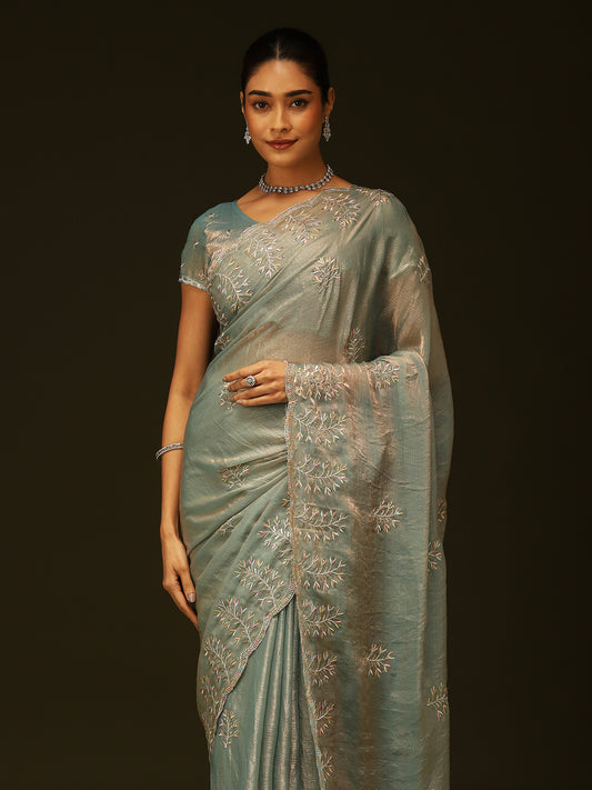 Dusty Blue Tissue Silk Saree with Gold Zari Embroidery
