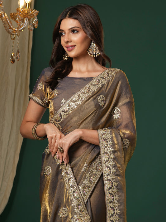 Grey & Gold Tissue Silk Blend Floral Zari Embroidery Saree