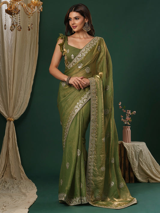 Metalic Green Satin Silk Embroidery Saree