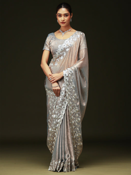 Grey Satin Beads and Stones Border Saree