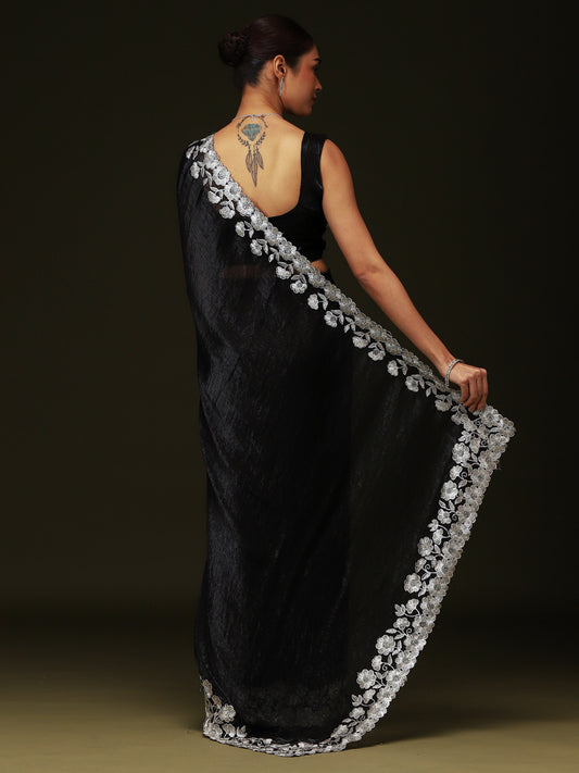 Black Georgette Silver Floral Embroidery Sequin Border : Blouse Saree