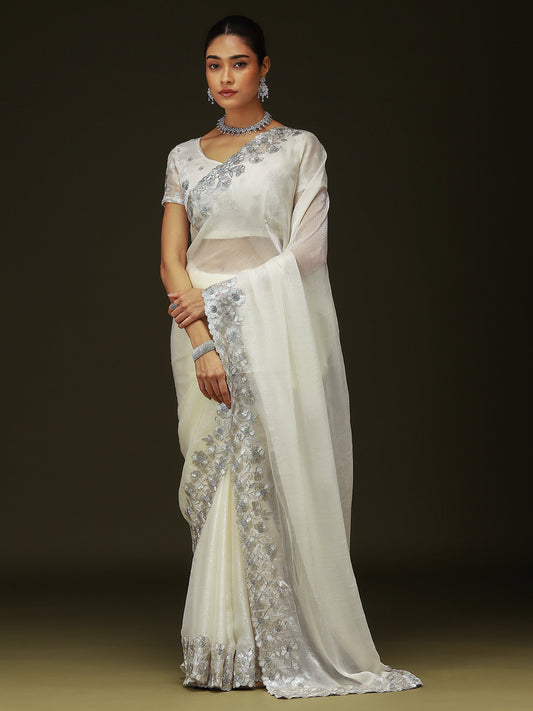 Off-White Silk Blend Tissue Embroidered Saree