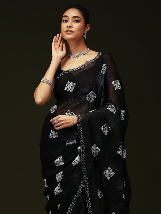 Jet Black Georgette Diamond Butti Embroidery Saree