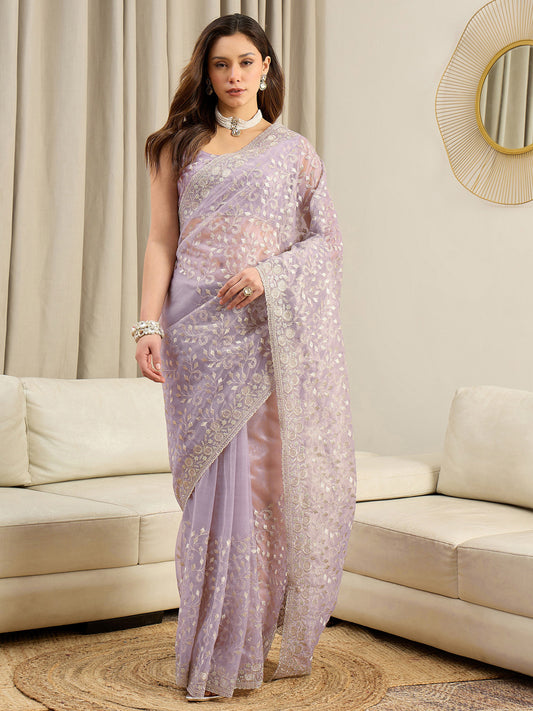 Lavender Embroidered Organza Saree
