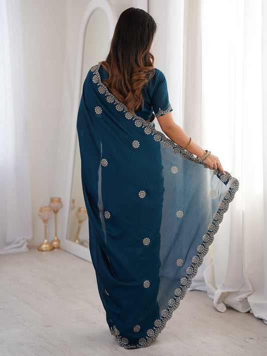 Teal Embroidered Georgette Saree with Stitched Blouse |