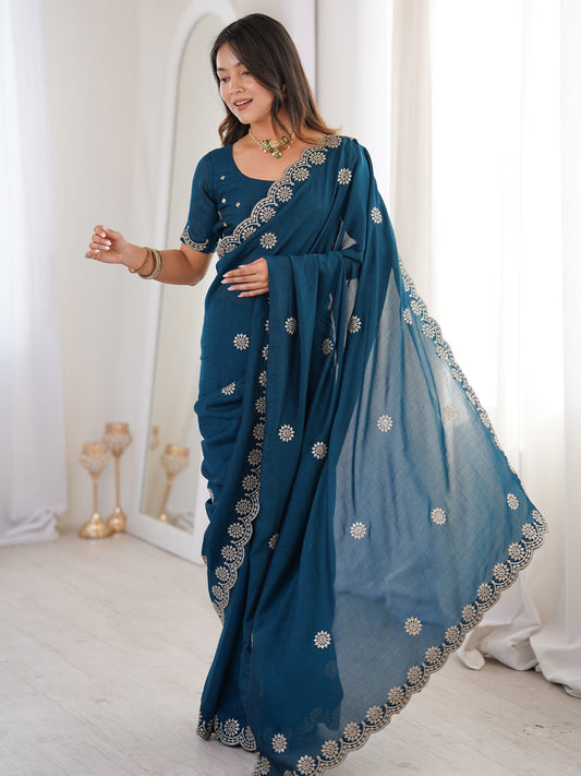 Teal Embroidered Georgette Saree with Stitched Blouse |