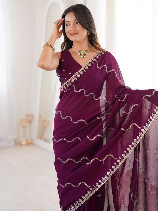 Wine Georgette Embroidered Saree with Blouse