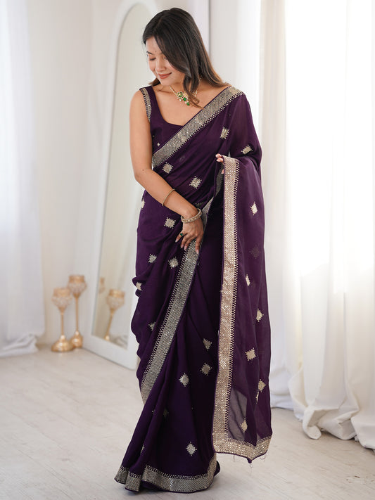 Georgette Embroidered Saree | Deep Plum with Gold Sequin Border