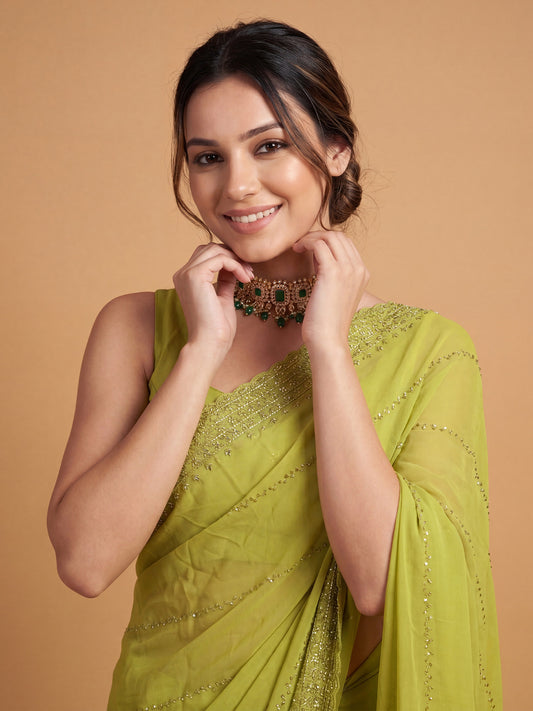 Lime Green Designer Georgette Saree