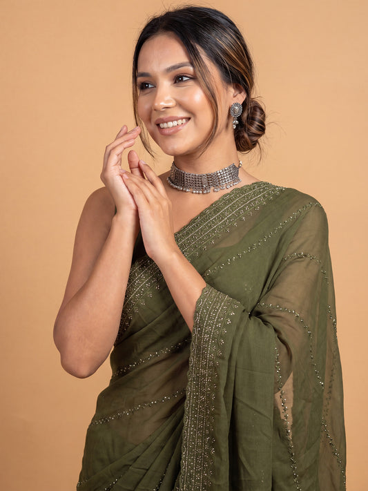 Olive Green Designer Georgette Saree