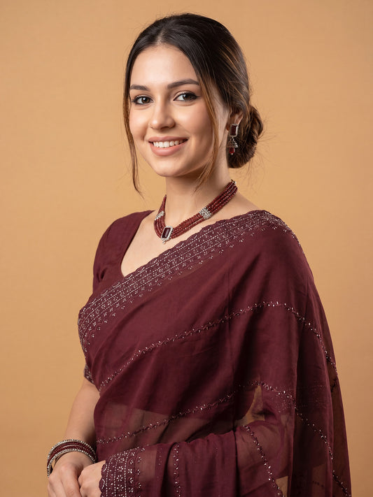 Dark Maroon Designer Georgette Saree