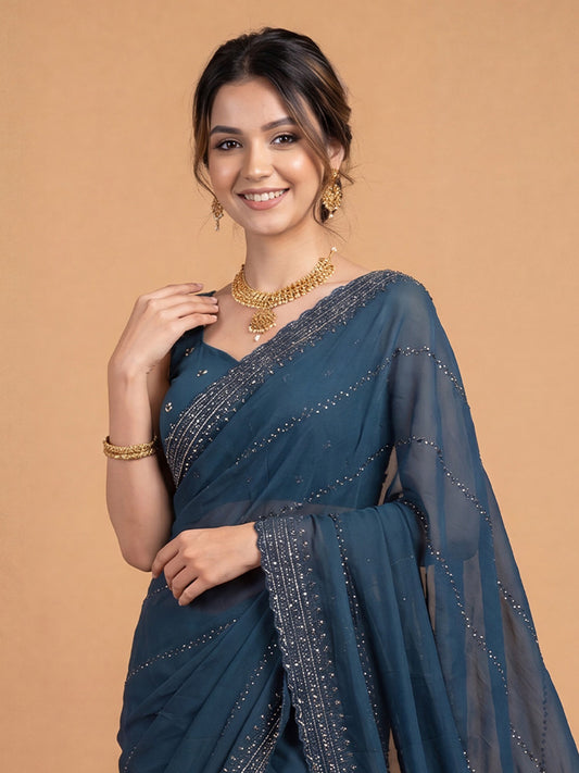 Teal Blue Designer Georgette Saree
