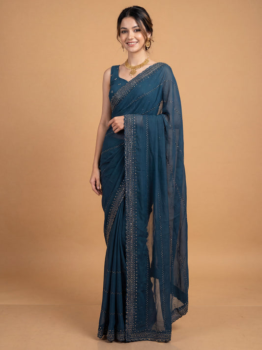 Teal Blue Designer Georgette Saree