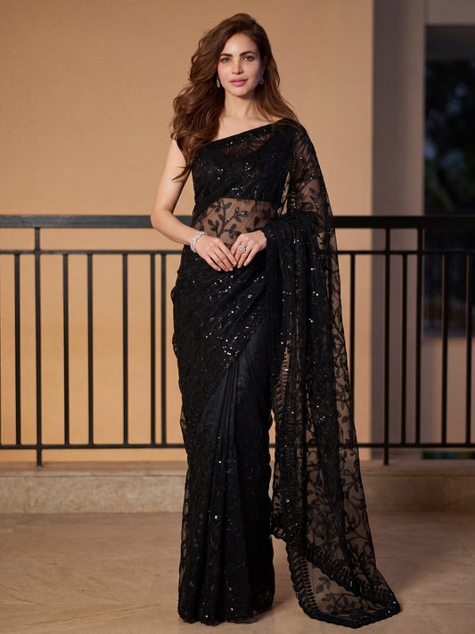 Midnight Black Net Saree