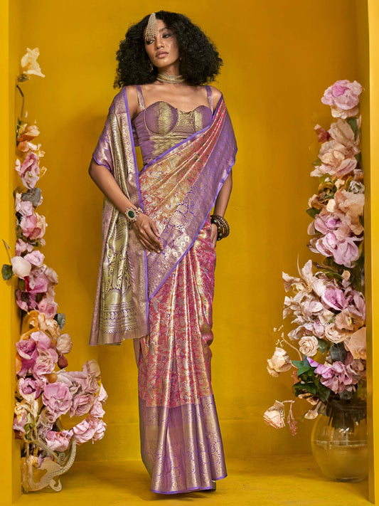 Pink & Violet Silk Blend Heritage Banarasi Style Saree