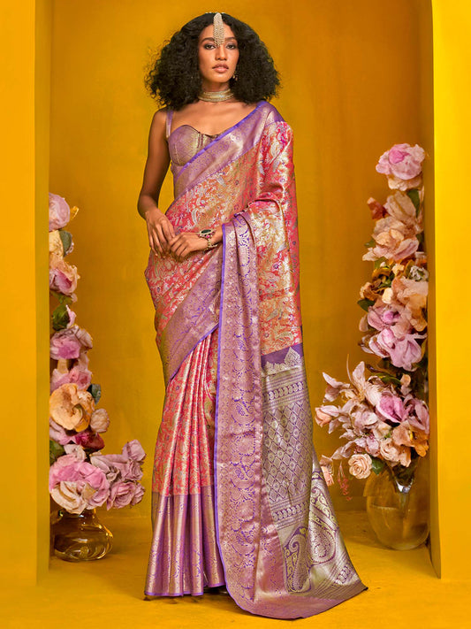 Pink & Violet Silk Blend Heritage Banarasi Style Saree