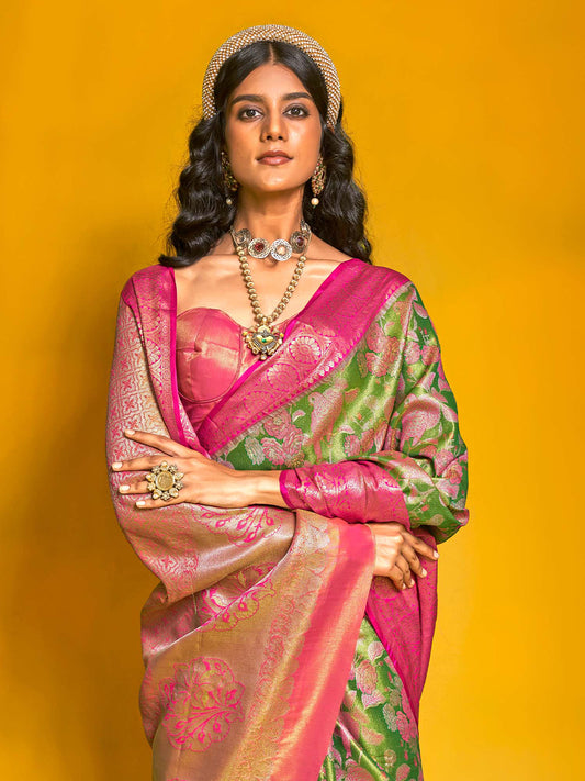 Green &Pink Banarasi Silk Blend Saree