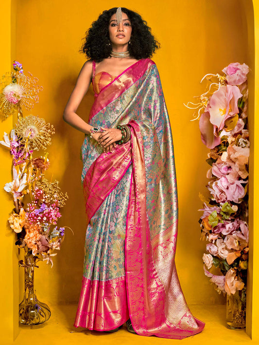 Yellow Silk Blend Zari Weaving Floral Butti Saree