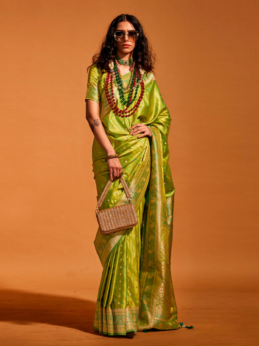 Lime Green Satin Silk Zari Weaving Saree