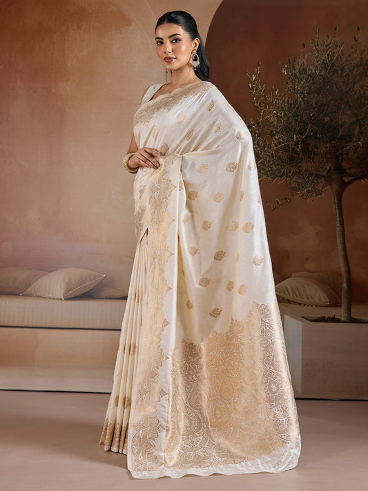 Ivory Silk Embroidered Saree