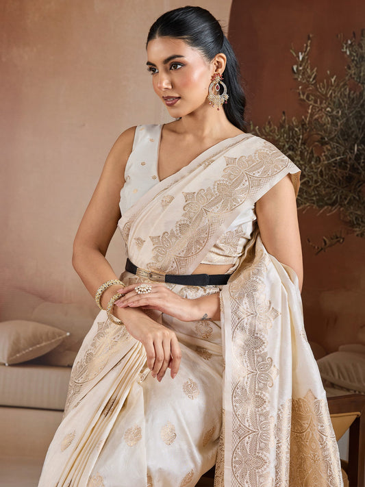 Ivory Silk Embroidered Saree