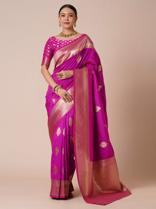 Magenta Banarasi Silk Saree with Zari Weave & Matching Blouse