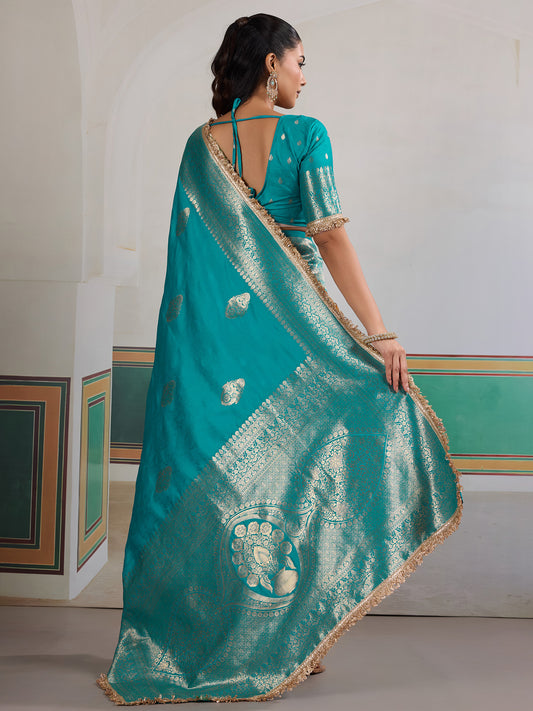 Teal Banarasi Silk Saree with Gold Zari Weave & Blouse